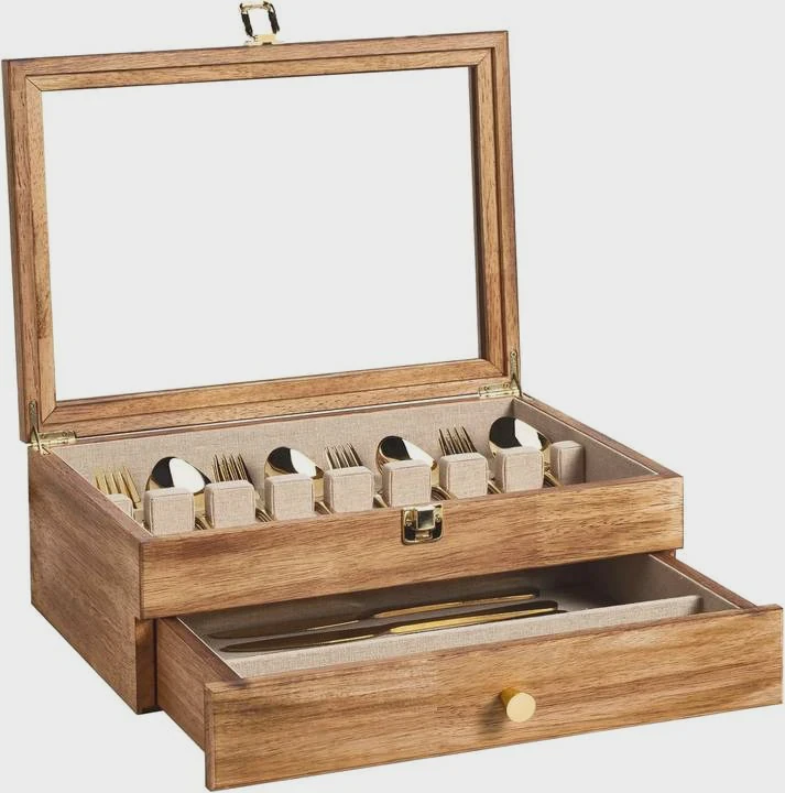 2-Layer Wooden Silverware Box With Glass Lid