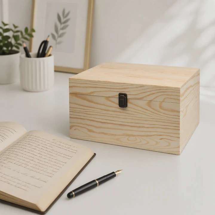 Unfinished Pine Wooden Box With Hinged Lid