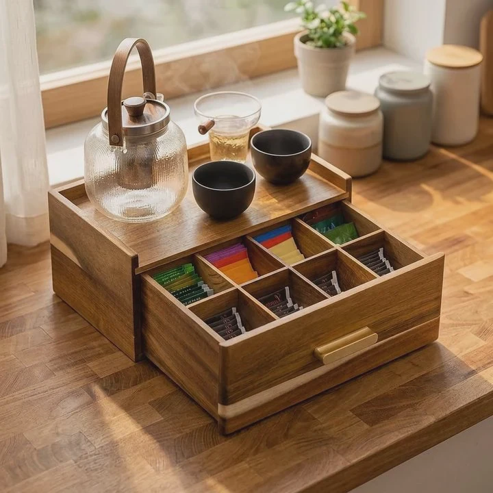 Wooden Tea Bag Storage Box With Drawer